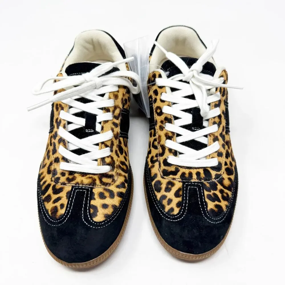 NWT J. Crew Black/Tan Calf Hair Leopard Print Casual Sneakers Women's 7 Lace Up